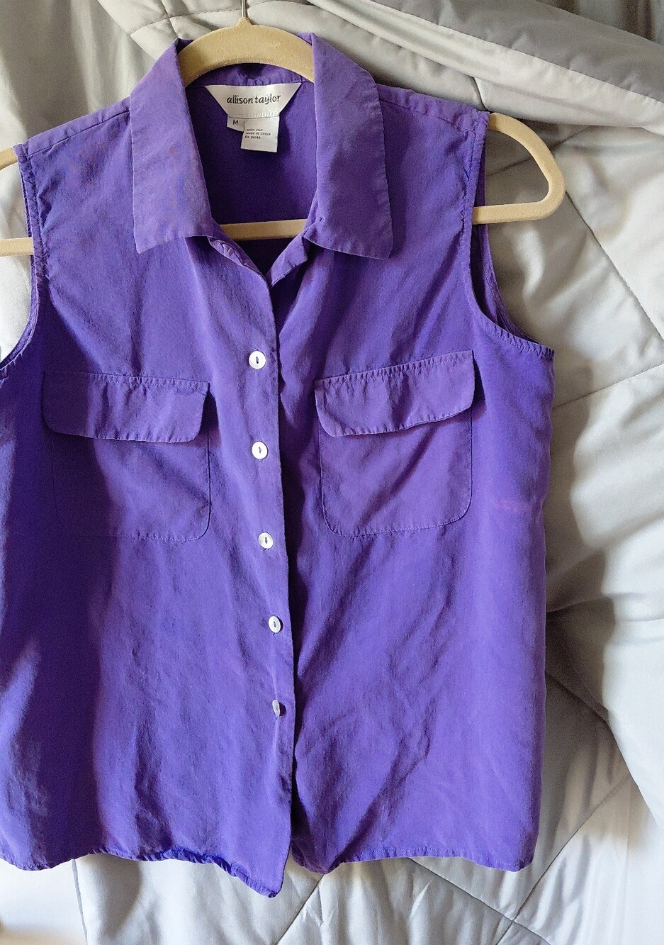 Allison Taylor 100% Silk Sleeveless Button-Front Shirt in Vibrant Purple
